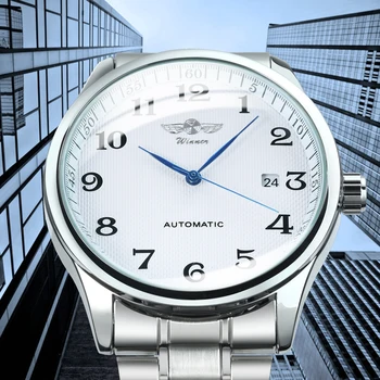 Модерен бизнес автоматични механични часовници, мъжки часовници Time Master, кожена каишка, бял циферблат, календар, дата, Montre Homme Winner, класически