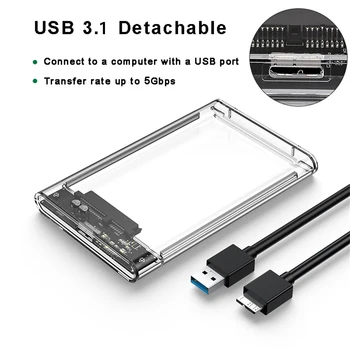Външен твърд диск на компютъра Type-C с USB 3.1 SATA, корпус твърд диск HDD за 2,5-инчов твърд диск SSD с диаметър 9,5 мм, поддържа не повече от 5 TB