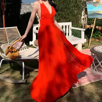 Женското сексуално богемное рокля с цепка, без табли, лятно плажно Макси рокля без ръкави, с еластична талия, елегантни червени клубни нощни рокли