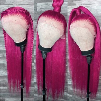 Maycaur Ярко-розова перука Дълга права коса Бесклеевой синтетични перука на дантели отпред и червен цвят перуки за жени 24 инча