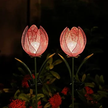 2 Опаковане на външните слънчеви градински фенери Големи метални цветя лалета, декоративно led светлини за декорация на двор, на тревата, на песента