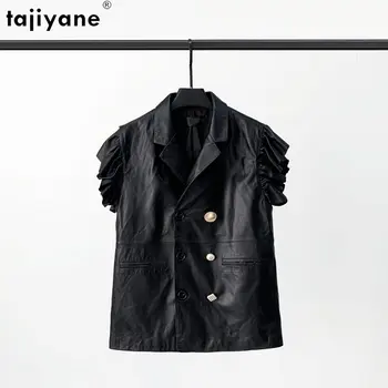 Tajiyane, дамско яке без ръкави от естествена овча кожа, 2023, Кожена жилетка със средна дължина, дамски Черни кожени якета за жени, жилетка