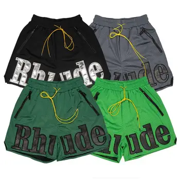 Баскетболни дишащи двуслойни спортни шорти с мрежа Rhude, плажни панталони с бродерия, петия панталони, улични широки мъжки и дамски панталони