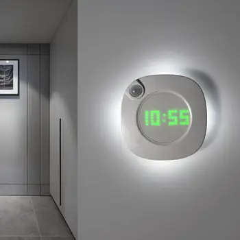 Led лампа с датчик за движение PIR, стенни часовници, 360 градуса, USB, модерен дизайн, цифров часовник, време в затворени помещения, кухня, баня, кабинет, лека нощ