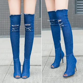 Дамски каубойски ботуши 2023, есен-зима, на новост, светло синьо ботильоны над коляното, модни новост, ежедневни обувки за зрели дами