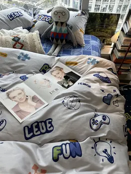 Комплект спално бельо с изображение на космически кораб син цвят за момче-юноша, близнак, памучен домашен текстил чаршаф, калъфка за възглавница, чаршаф