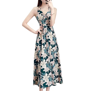 Винтажное луксозно модно дамско плажна богемное дълга рокля с флорални принтом и V-образно деколте дамски летни рокли шифоновые