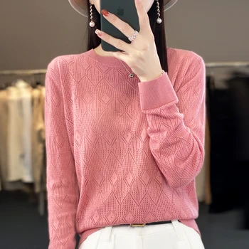 Нов женски полушерстяной пуловер, пролетен пуловер с геометричен силует, модерен мек пуловер, свободни всекидневни плетени основни върхове