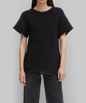 [ElfStyle] - Модерно вълнена мохеровая черна тениска Espera с кръгло деколте и къси структурирани ръкав, Пуловер Womanfw