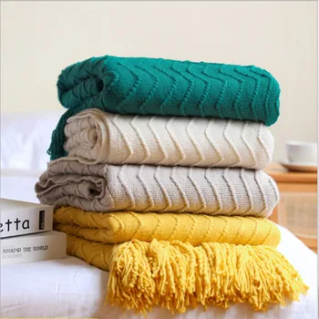 Скандинавски однотонное шарени вязаное одеяло, дебели калъф за дивана с пискюли, домашно кърпа за легло в хотел, въздушно меко одеяло, шал